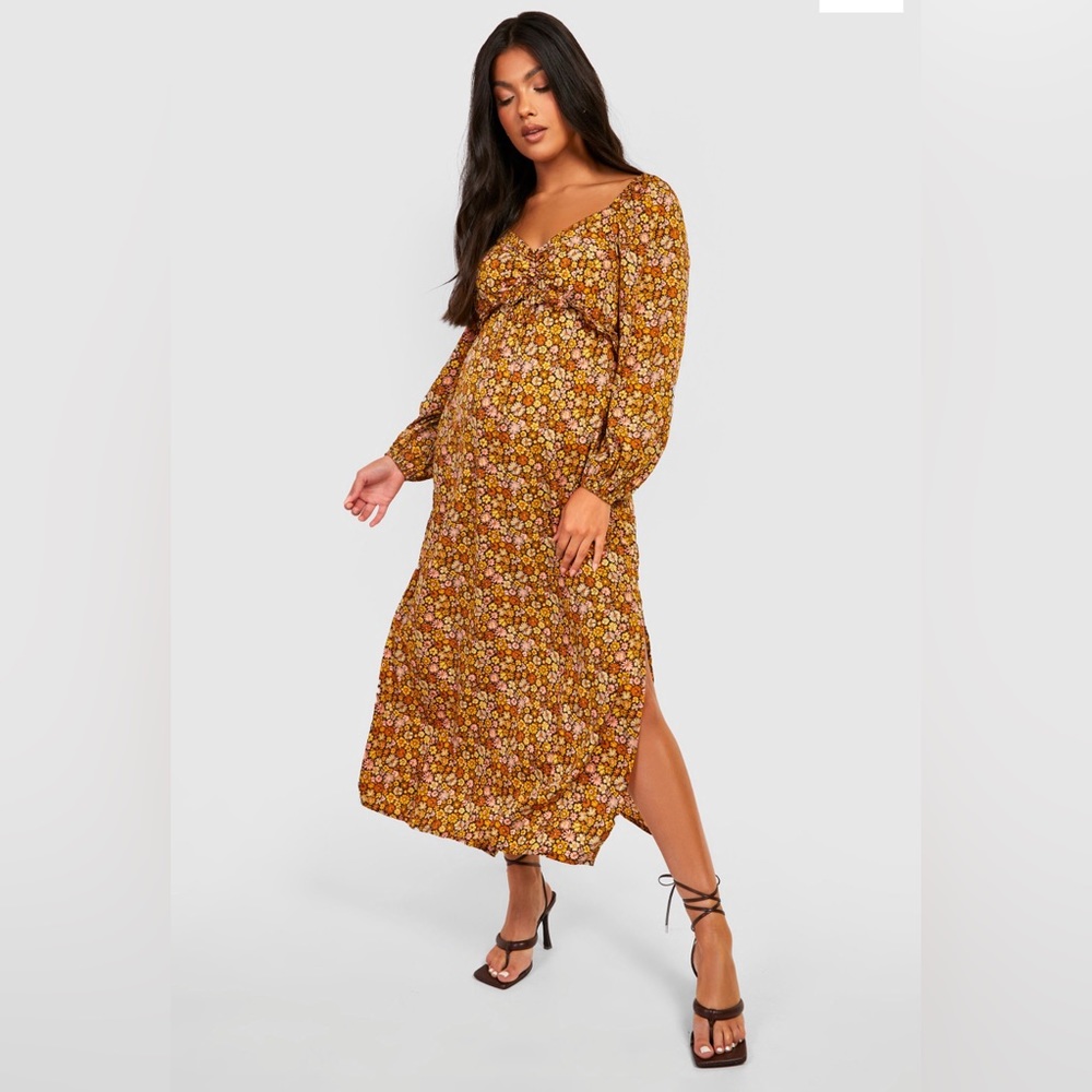MATERNITY FLORAL PUFF SLEEVE MIDI DRESS